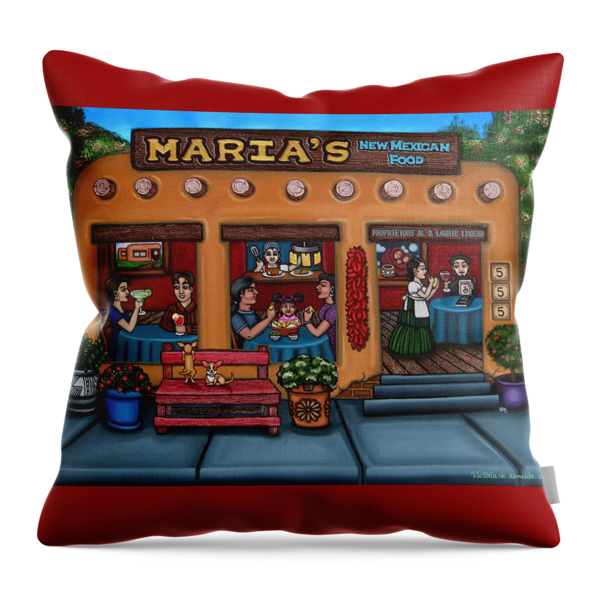 Folk Art Throw Pillow featuring the painting Maria's New Mexican Restaurant by Victoria De Almeida