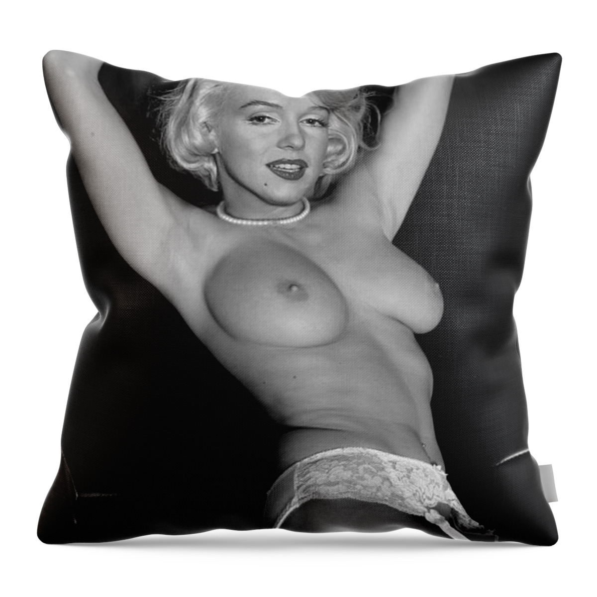 Marilyn Monroe Something's Throw Pillow featuring the pyrography Marilyn Monroe Fantassy nude by Jorge Fernandez