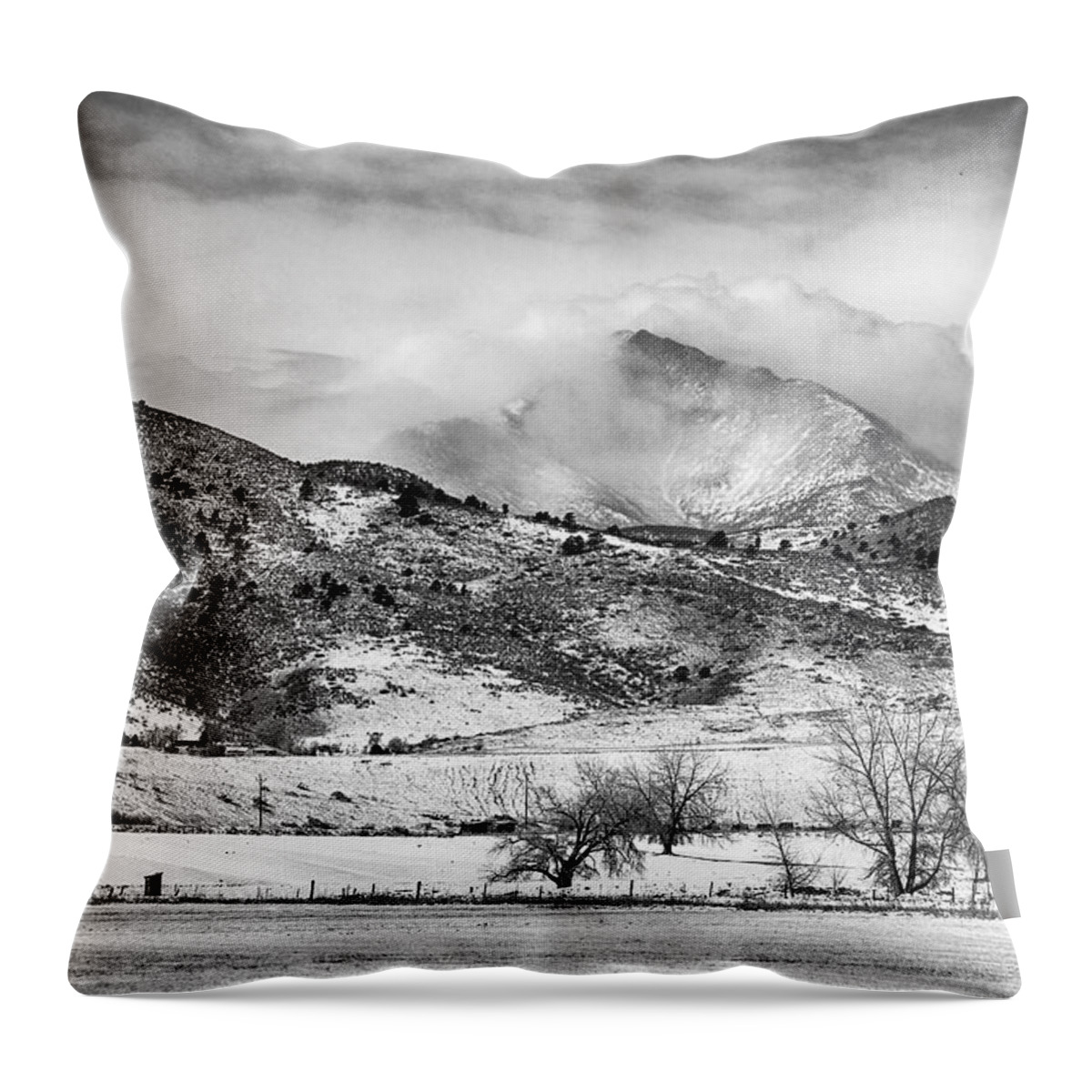 Longs Peak Throw Pillow featuring the photograph Meeker and Longs Peak in Winter Clouds BW by James BO Insogna