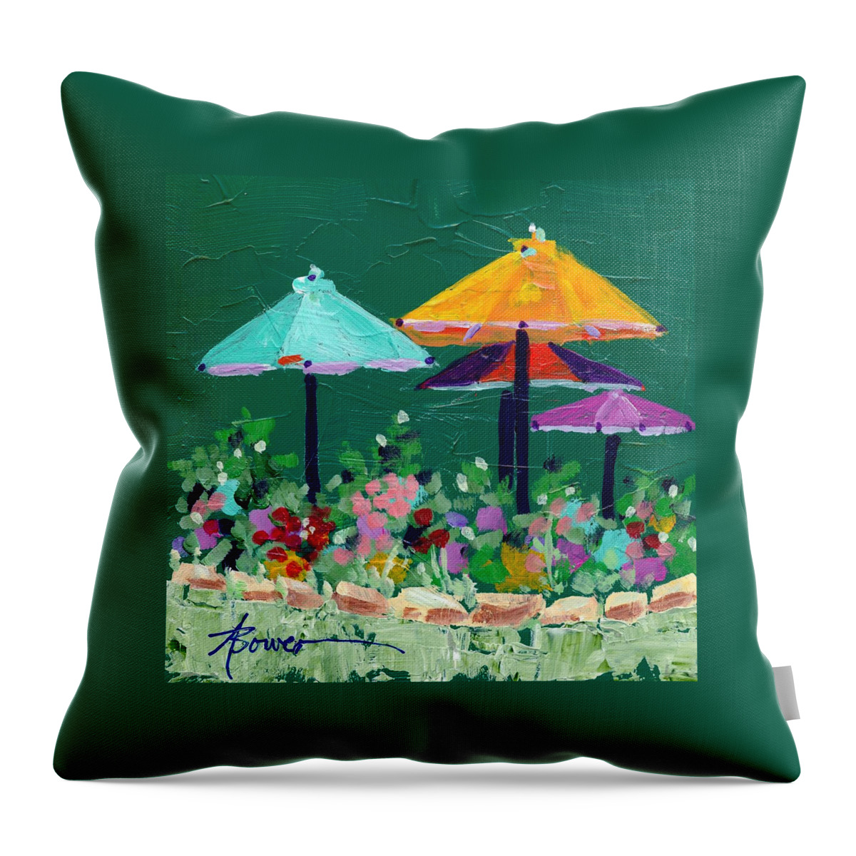 Umbrellas Throw Pillow featuring the painting Meet Me At The Cafe by Adele Bower