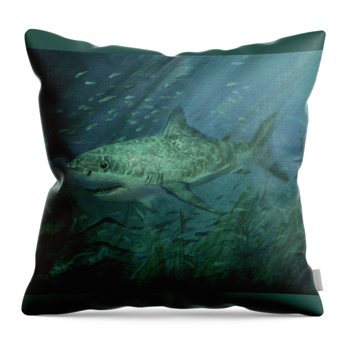 Shark Throw Pillow featuring the painting Megadolon Shark by Tom Shropshire