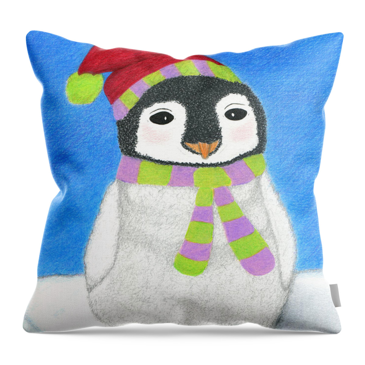 Christmas Throw Pillow featuring the drawing Merry O' Penguin by Lisa Blake