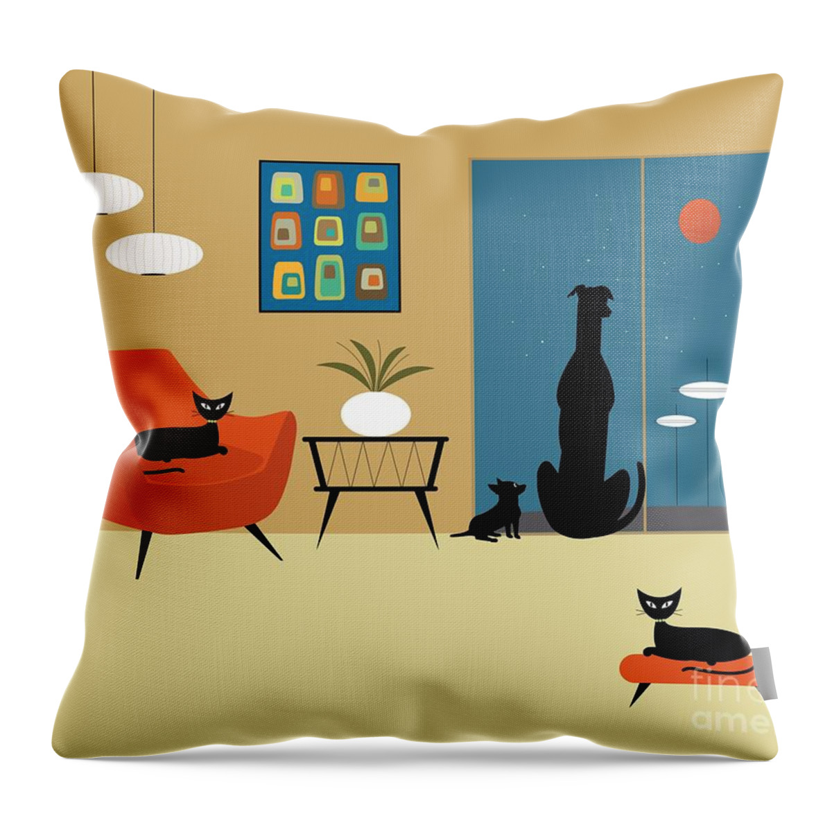 Alien Throw Pillow featuring the digital art Mid Century Dogs and Cats by Donna Mibus