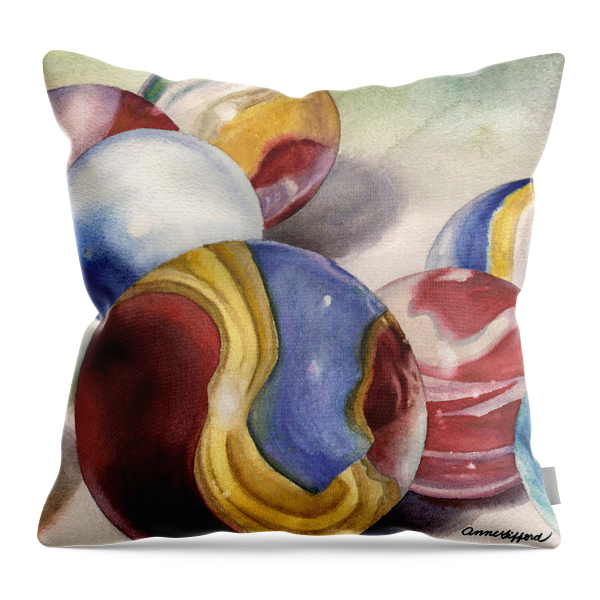 Marbles Painting Throw Pillow featuring the painting Mom's Marble Shooter by Anne Gifford