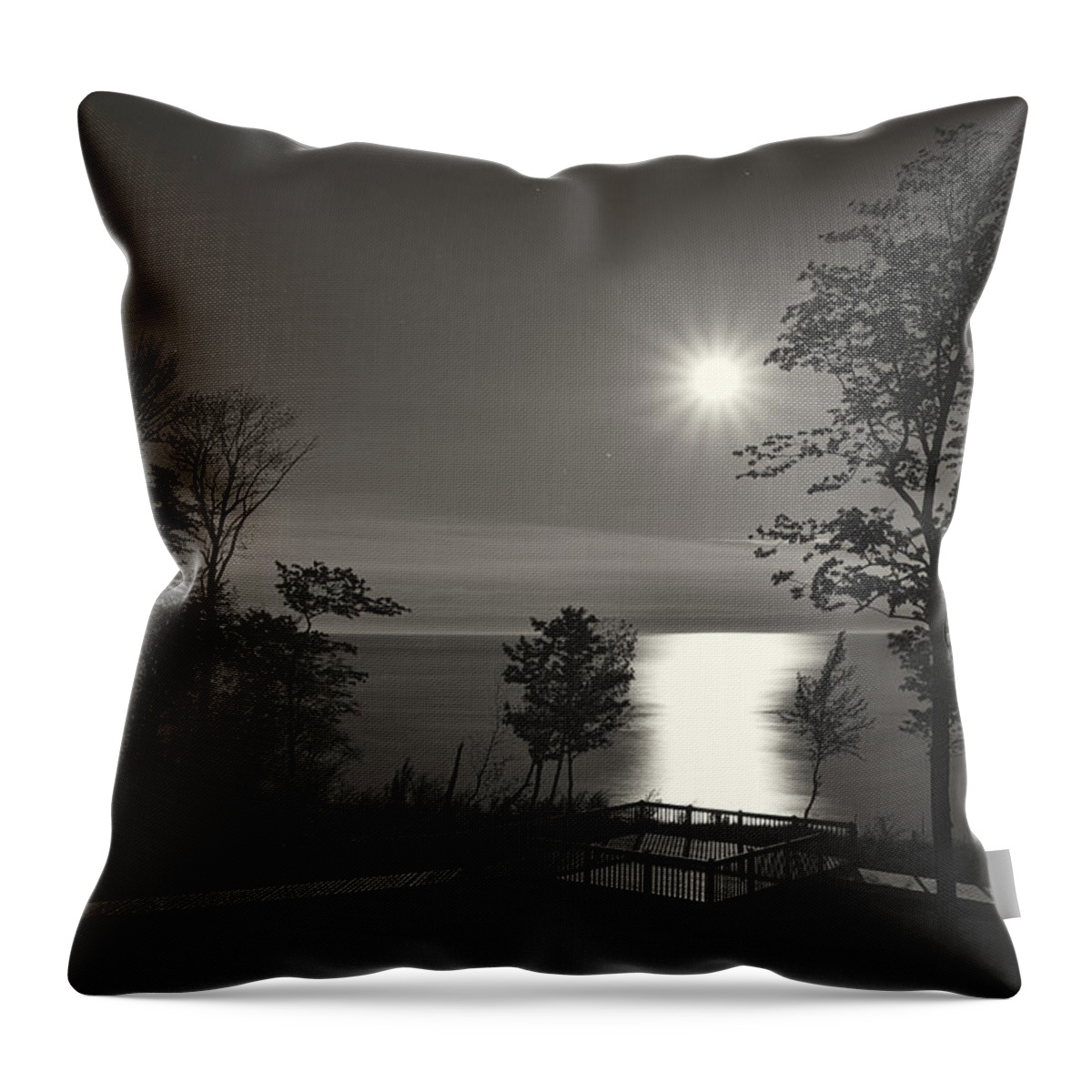 Lake Michigan Throw Pillow featuring the photograph Moon over Lake Michigan in Black and White by Mary Lee Dereske