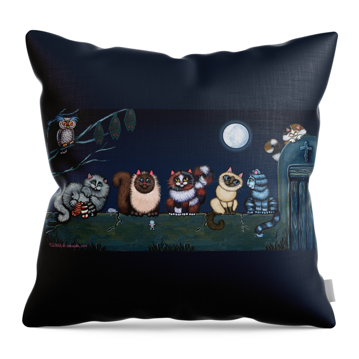 Cat Throw Pillow featuring the painting Moonlight On The Wall by Victoria De Almeida