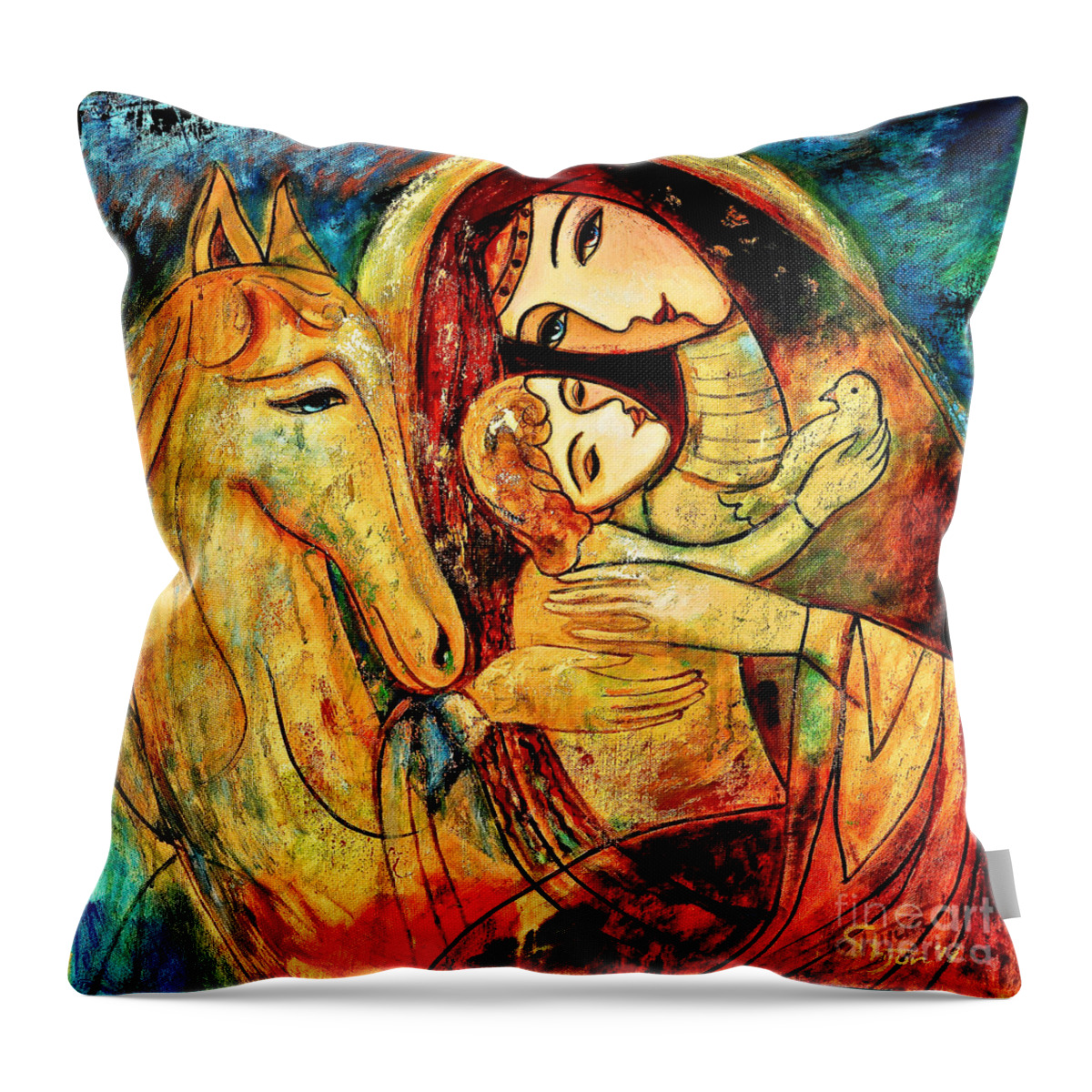 Mother And Child Throw Pillow featuring the painting Mother with Child on horse by Shijun Munns