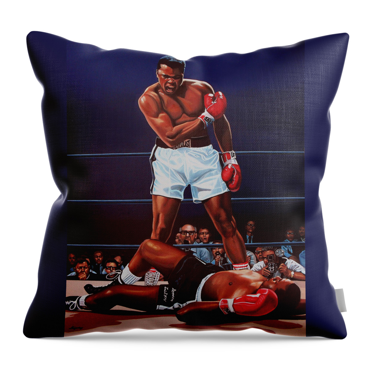 Mohammed Ali Versus Sonny Liston Muhammad Ali Paul Meijering Boxing Boxer Prizefighter Mohammed Ali Ali Sonny Liston Cassius Clay Big Bear The Greatest Boxing Champion The People's Champion The Louisville Lip Knockout Paul Meijering Wbc World Champions Heavyweight Boxing Champions Athlete Icon Portrait Realism Sport Heavyweight Adventure Down Sportsman Hero Painting Canvas Realistic Painting Art Artwork Work Of Art Realistic Art Ring Celebrity Celebrities Throw Pillow featuring the painting Muhammad Ali versus Sonny Liston by Paul Meijering
