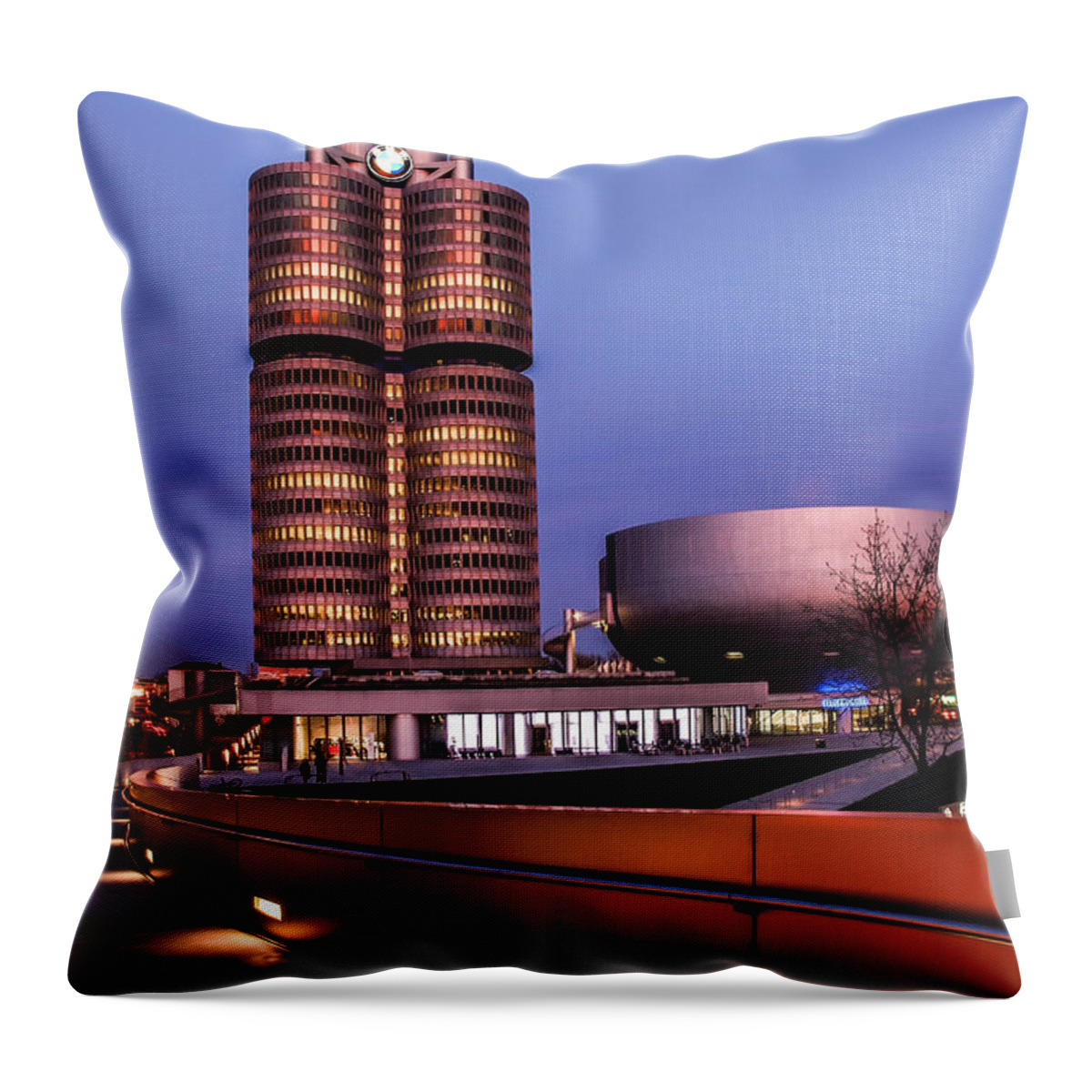 Architecture Throw Pillow featuring the photograph munich - BMW office - vintage by Hannes Cmarits