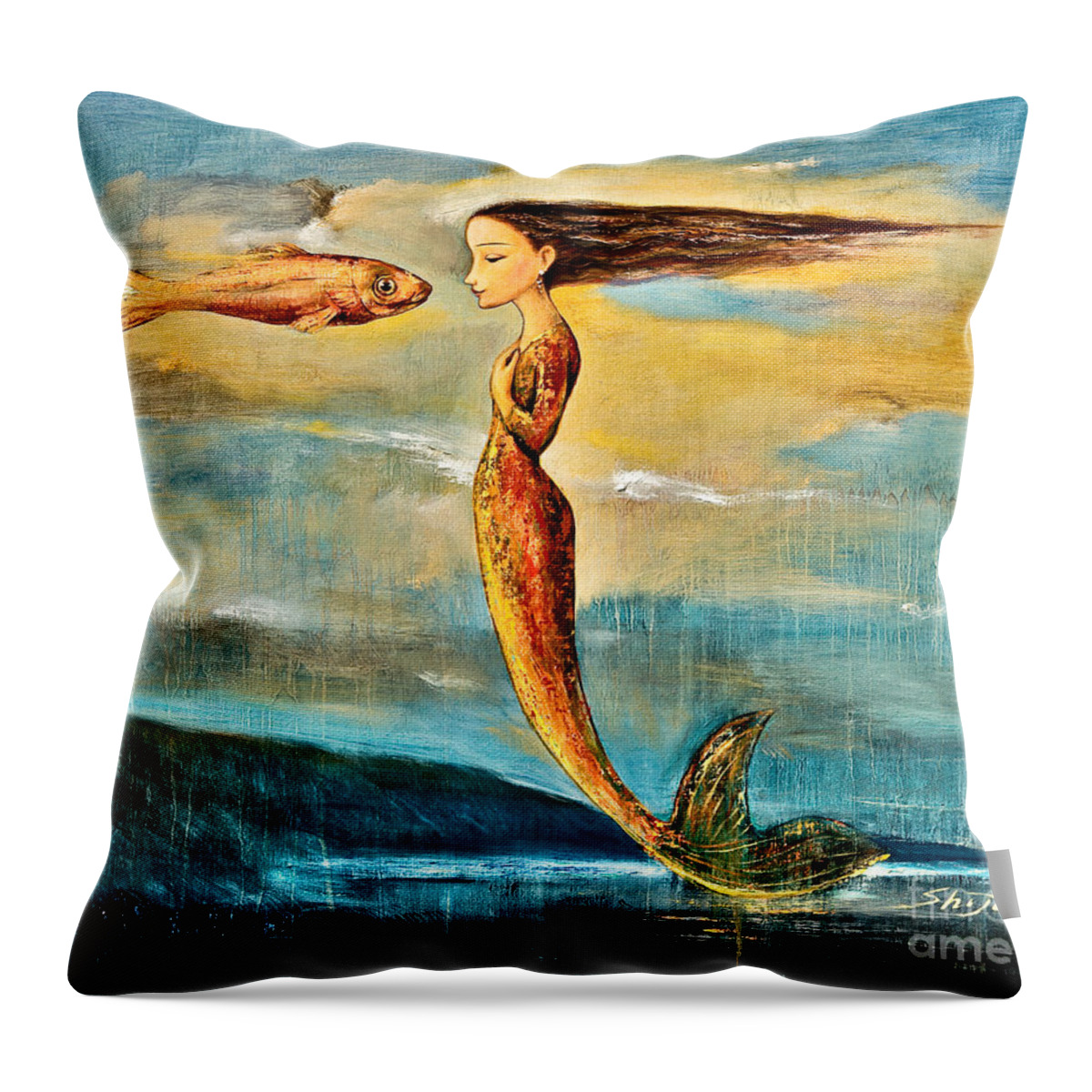 Mermaid Art Throw Pillow featuring the painting Mystic Mermaid III by Shijun Munns
