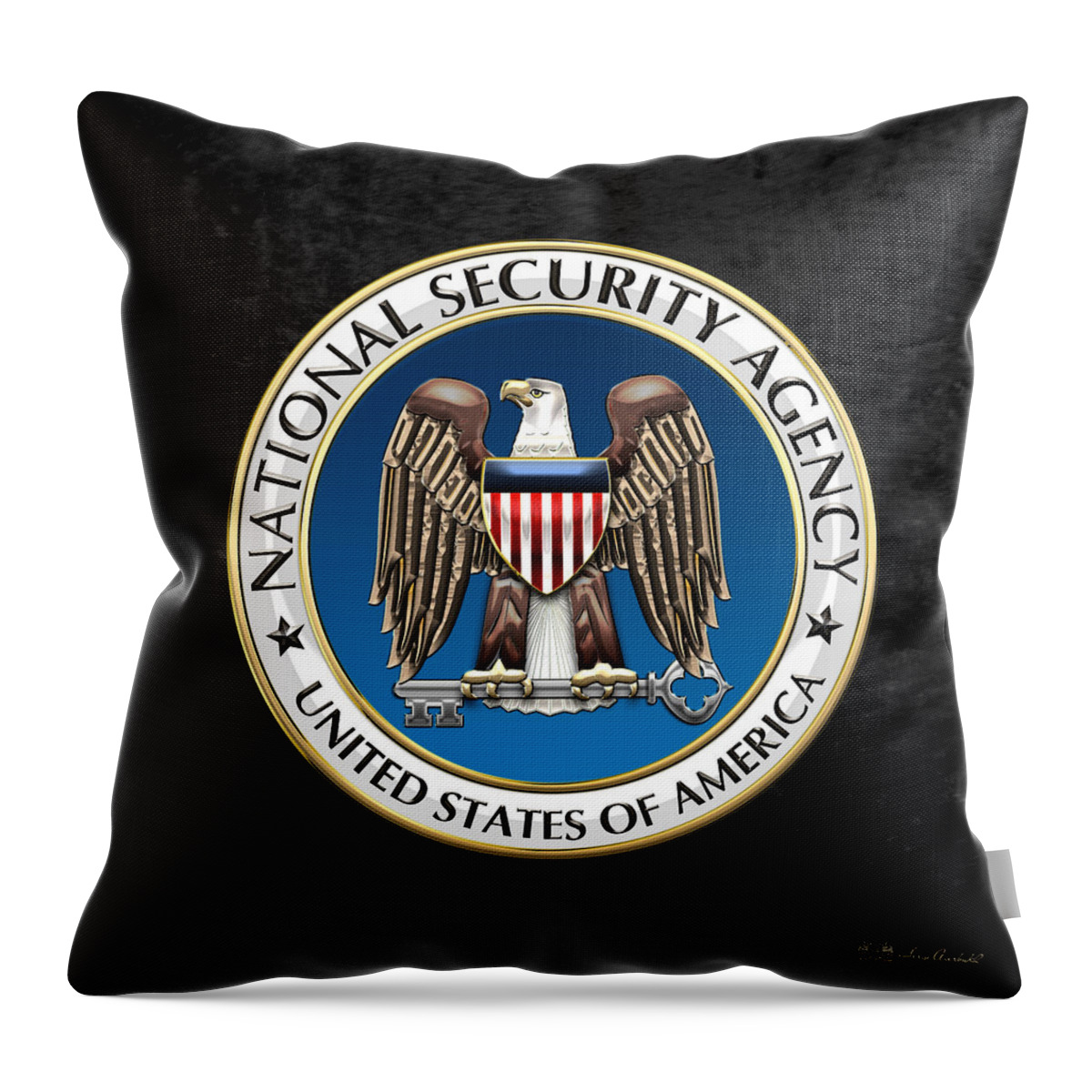 'military Insignia & Heraldry 3d' Collection By Serge Averbukh Throw Pillow featuring the digital art National Security Agency - N S A Emblem on Black Velvet by Serge Averbukh