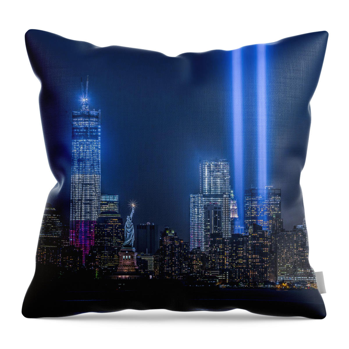 Tribute In Light Throw Pillow featuring the photograph New York City Tribute In Lights by Susan Candelario
