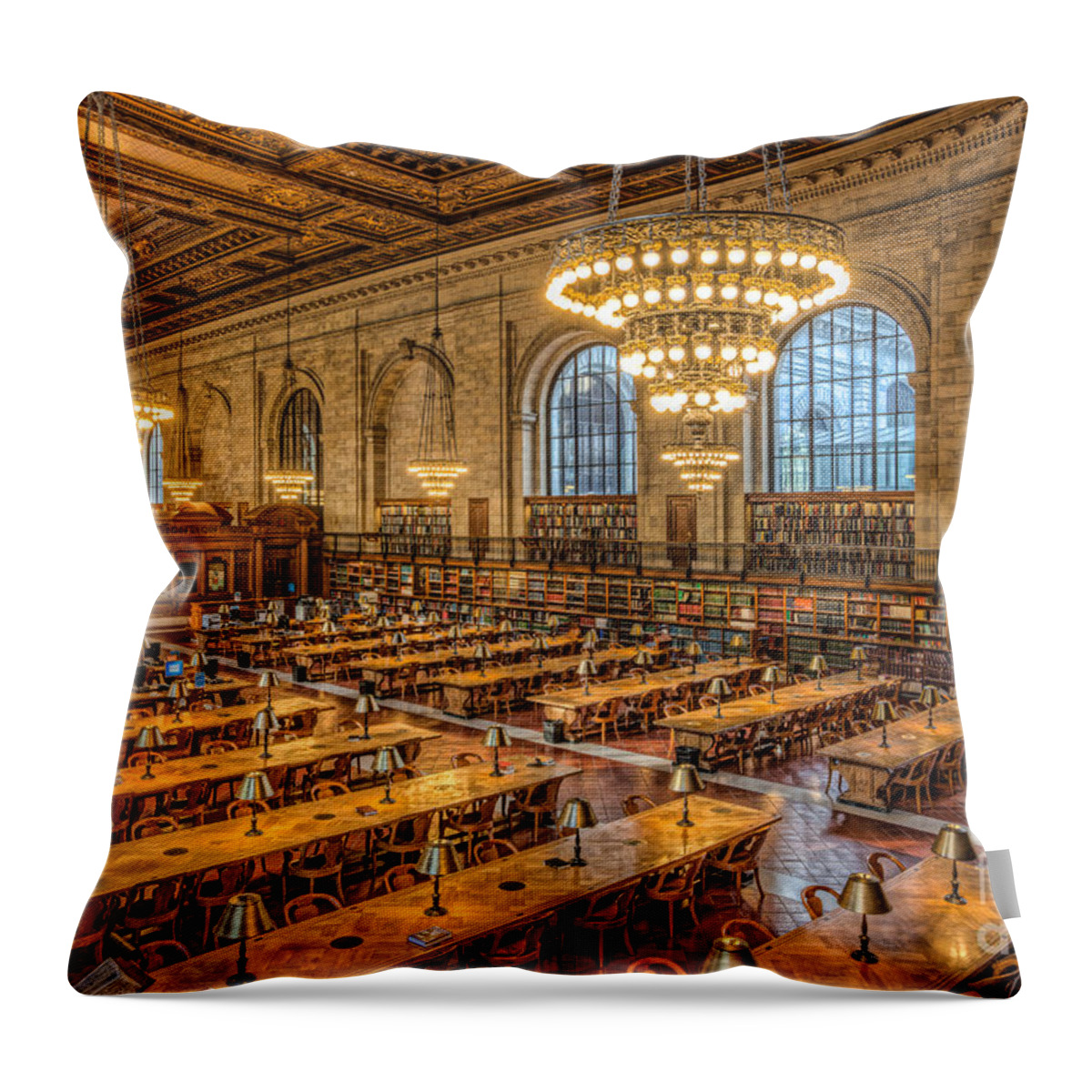 Clarence Holmes Throw Pillow featuring the photograph New York Public Library Main Reading Room IX by Clarence Holmes