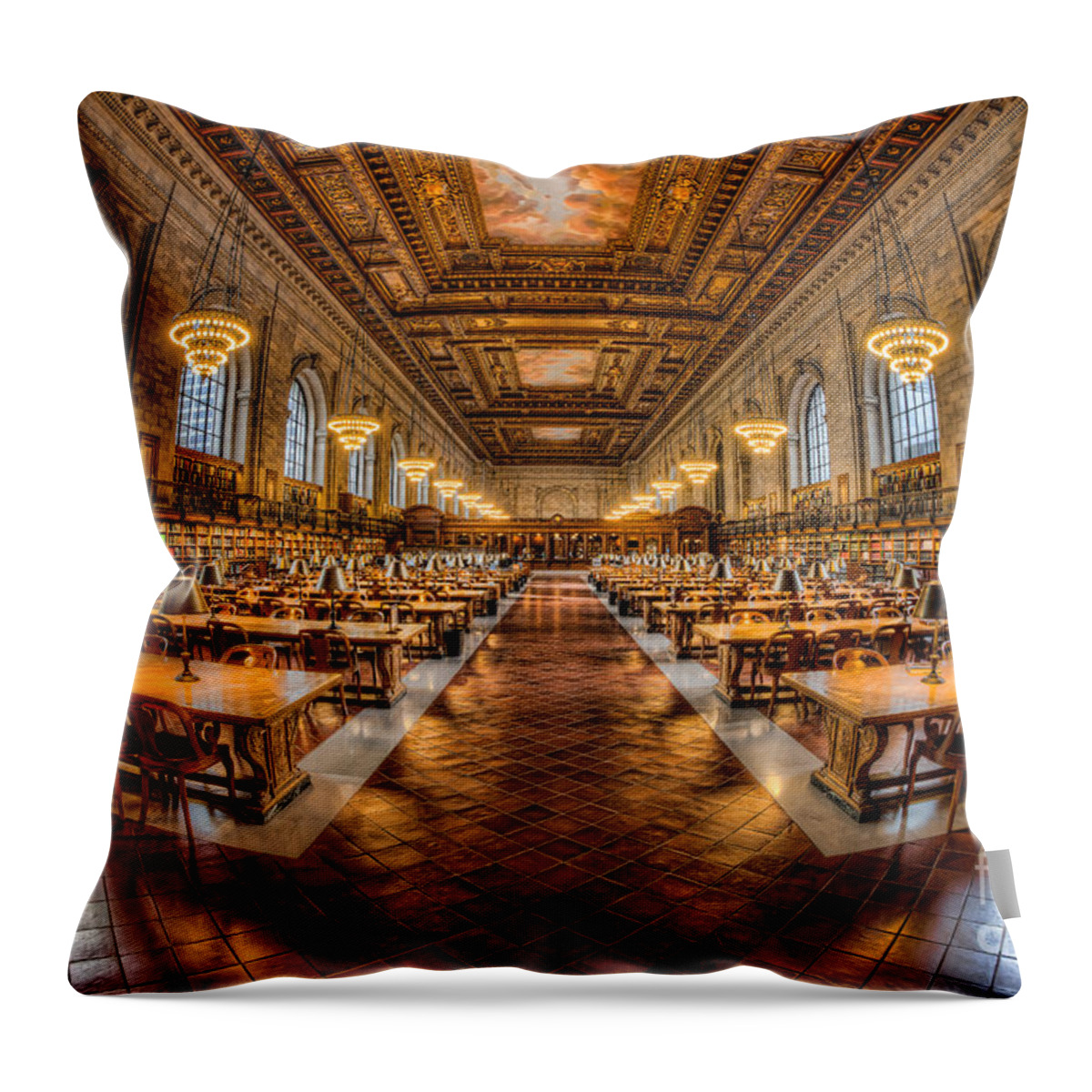 Clarence Holmes Throw Pillow featuring the photograph New York Public Library Main Reading Room VII by Clarence Holmes