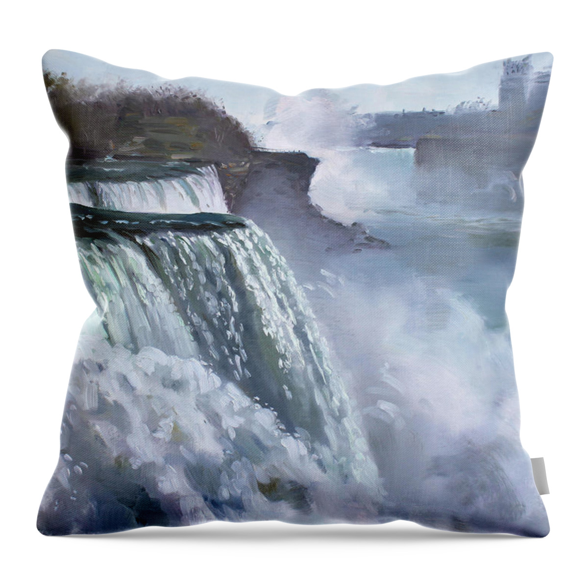 Niagara Falls Throw Pillow featuring the painting Niagara American Falls by Ylli Haruni