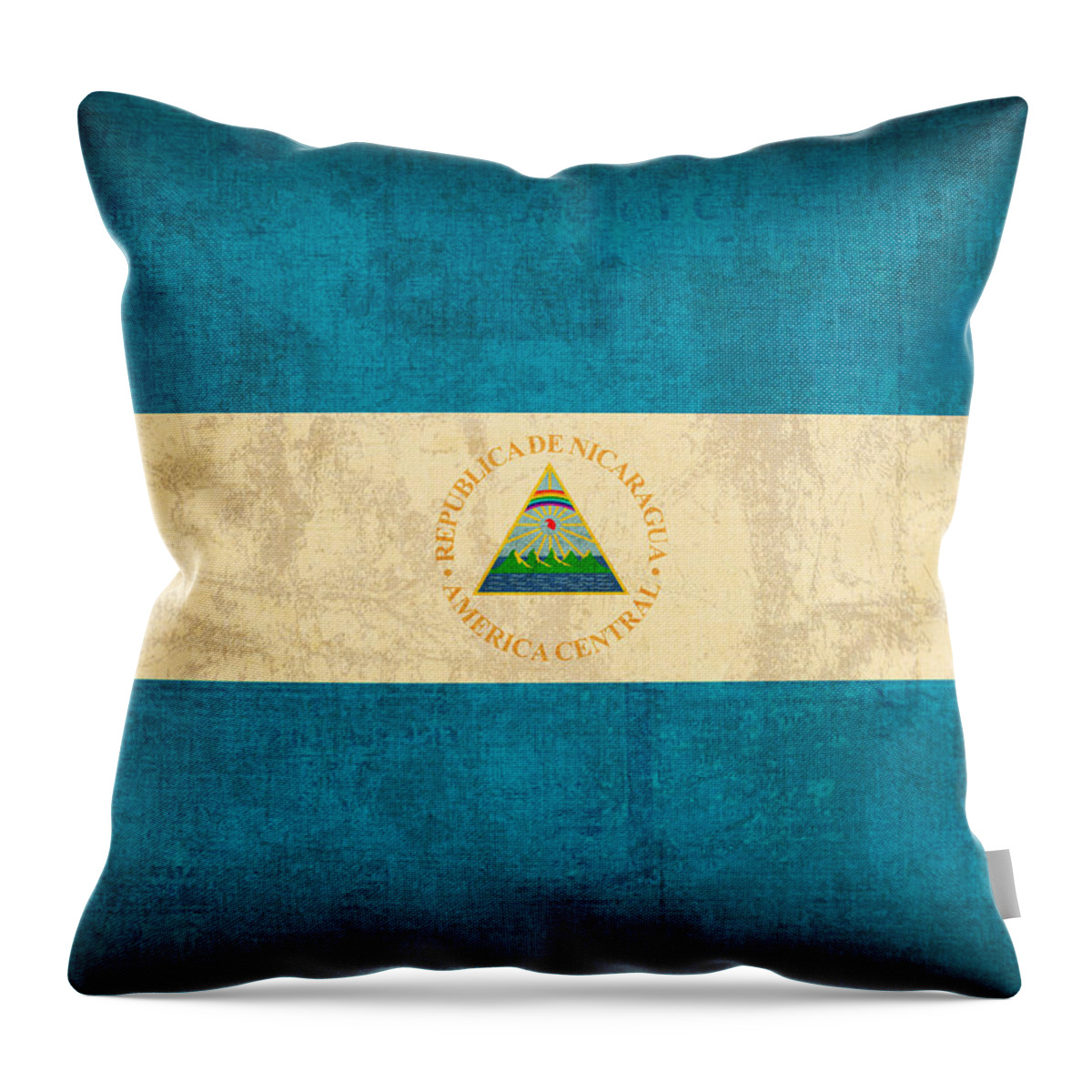 Nicaragua Throw Pillow featuring the mixed media Nicaragua Flag Vintage Distressed Finish by Design Turnpike
