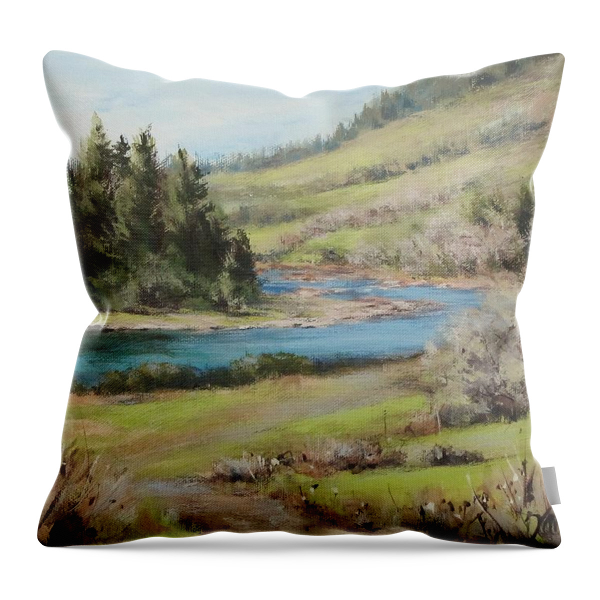 Oregon Throw Pillow featuring the painting North Bank March by Karen Ilari