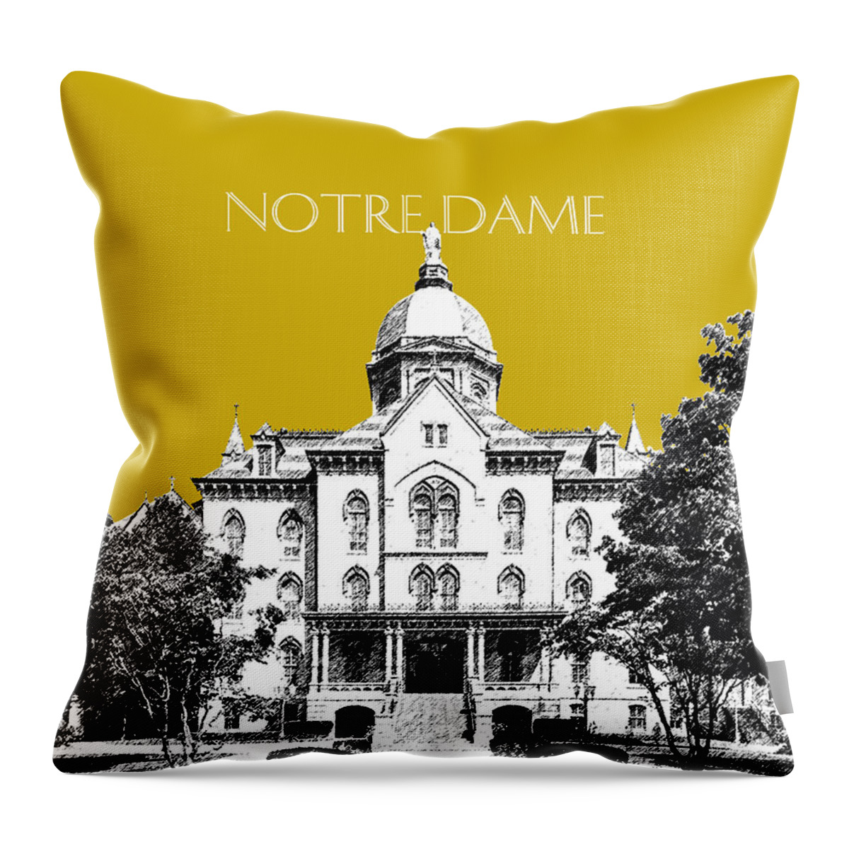 Architecture Throw Pillow featuring the digital art Notre Dame University Skyline Main Building - Gold by DB Artist