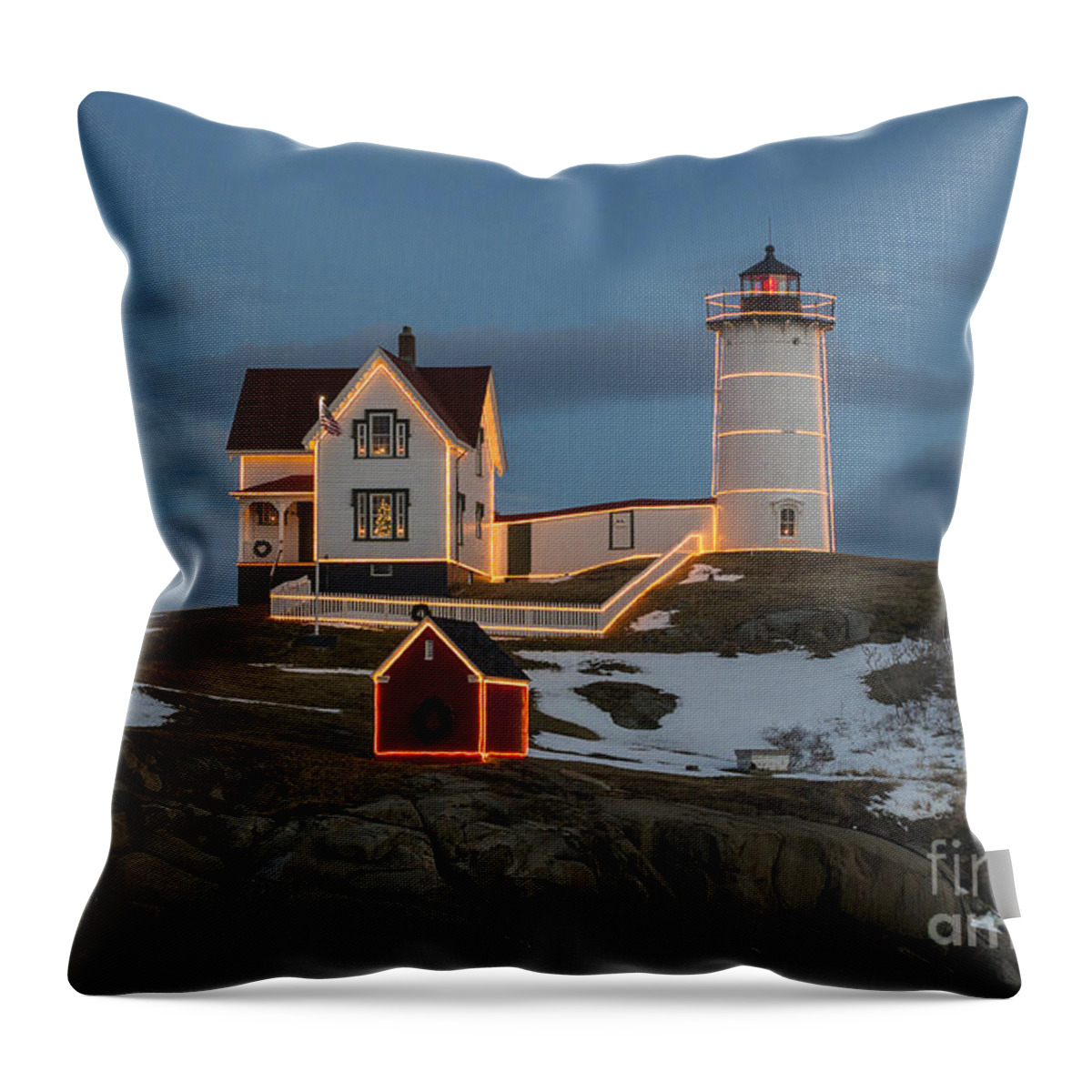 Lighthouse Throw Pillow featuring the photograph Nubble lighthouse at Christmas by Steven Ralser