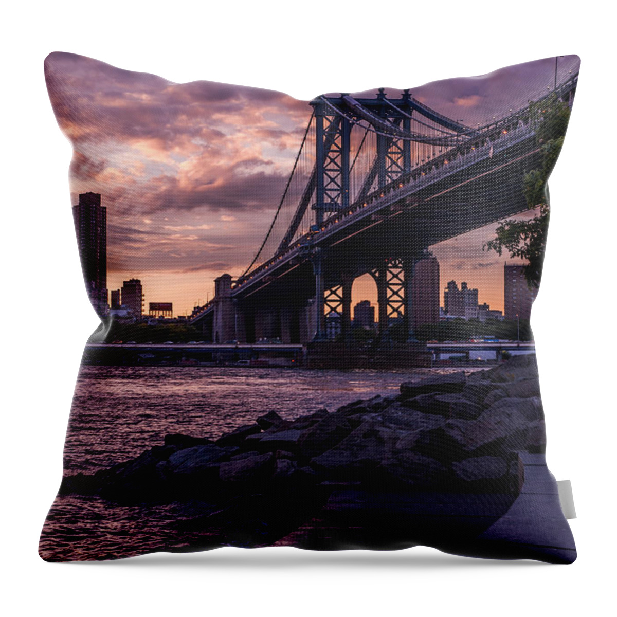 Nyc Throw Pillow featuring the photograph NYC- Manhatten Bridge at night by Hannes Cmarits