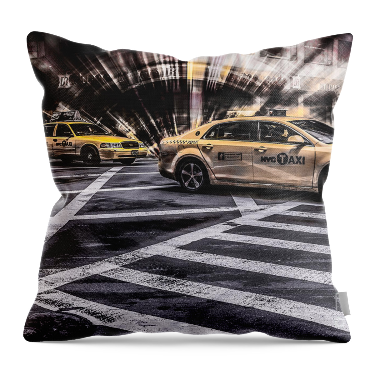 5th Throw Pillow featuring the photograph NYC Yellow Cab on 5th Street - white by Hannes Cmarits