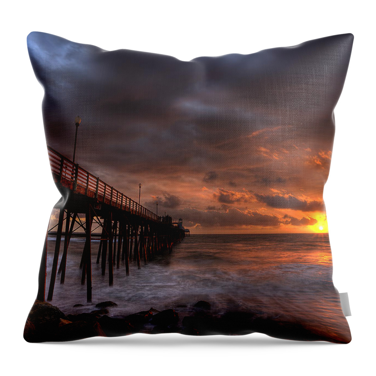 Sunset Throw Pillow featuring the photograph Oceanside Pier Perfect Sunset by Peter Tellone