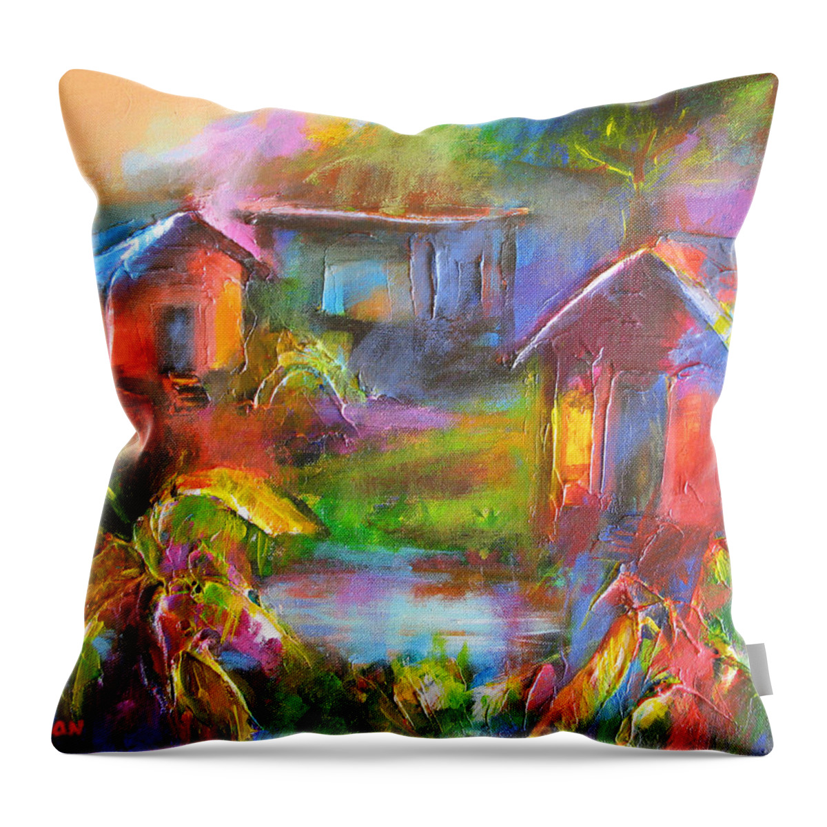 Abstract Throw Pillow featuring the painting Old Houses by Cynthia McLean