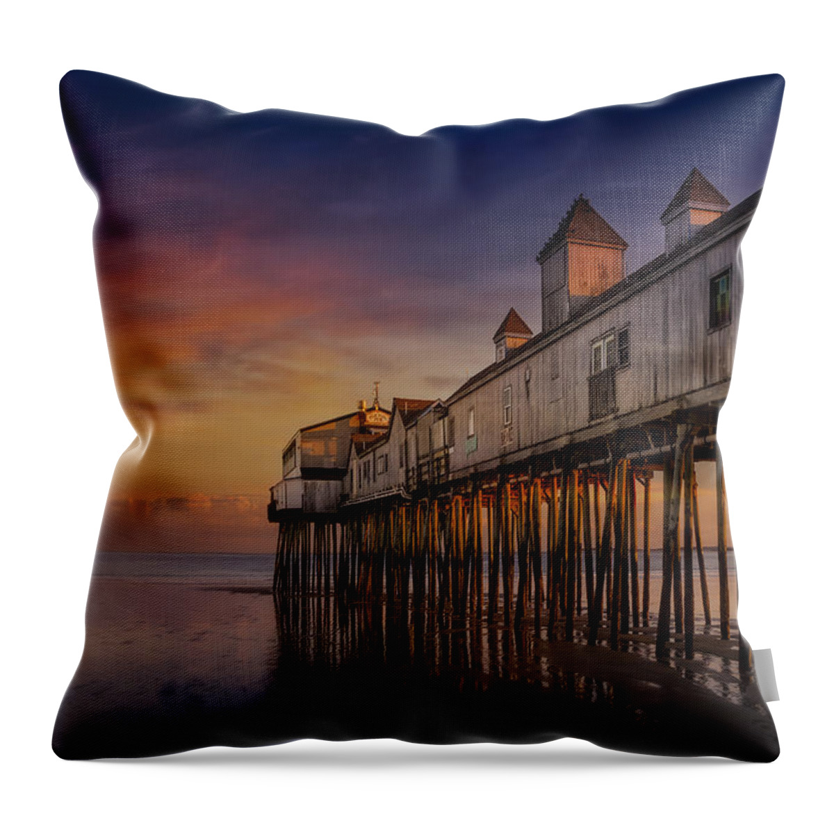 Old Orchard Beach Throw Pillow featuring the photograph Old Orchard Beach Pier Sunset by Susan Candelario
