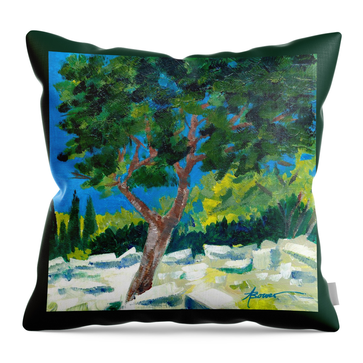 Trees Throw Pillow featuring the painting Old Ruins at Rhodes by Adele Bower