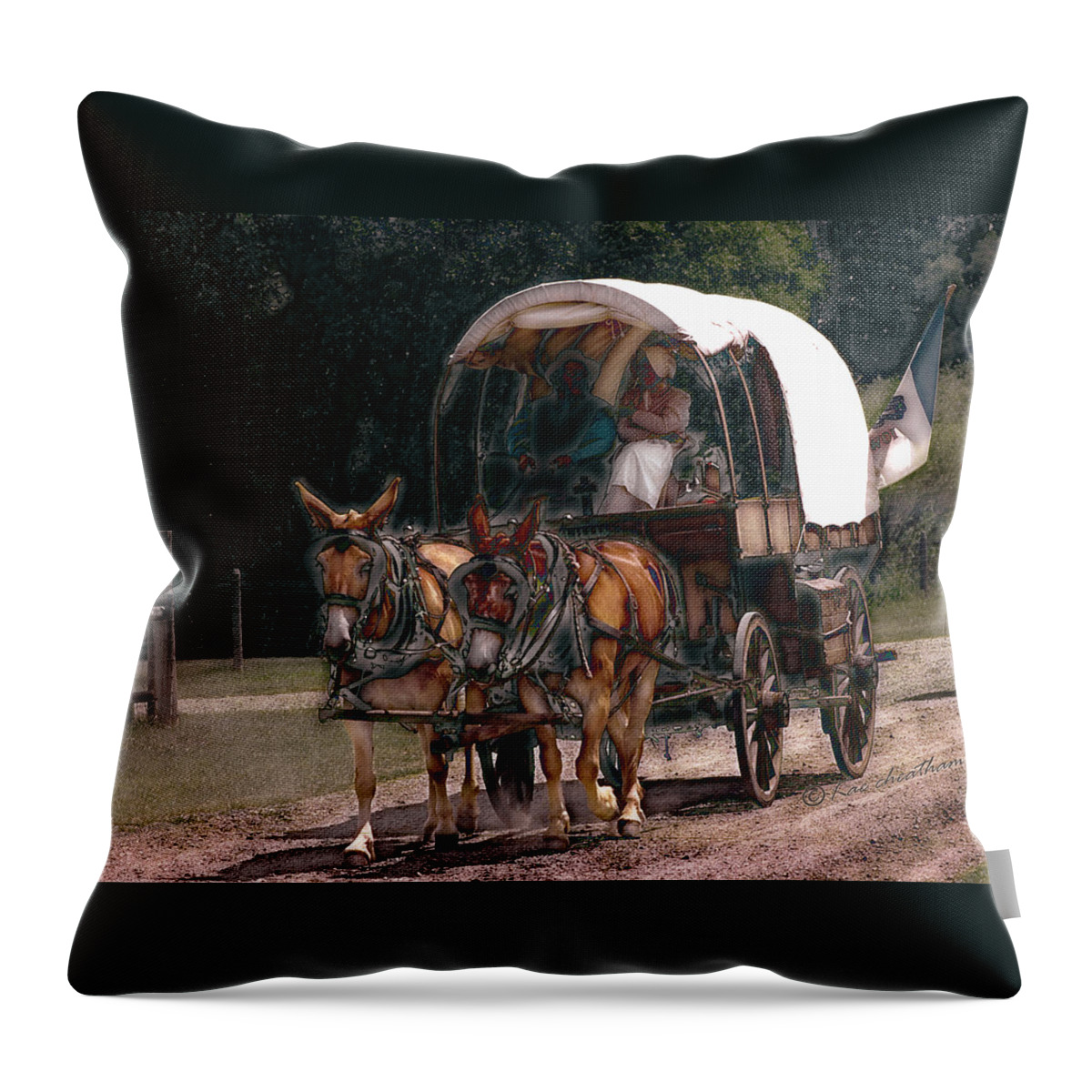 Covered Wagon Throw Pillow featuring the digital art On the Bozeman Trail by Kae Cheatham