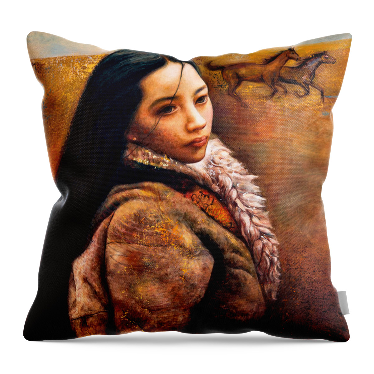 Girl Throw Pillow featuring the painting On the High Plateau by Shijun Munns