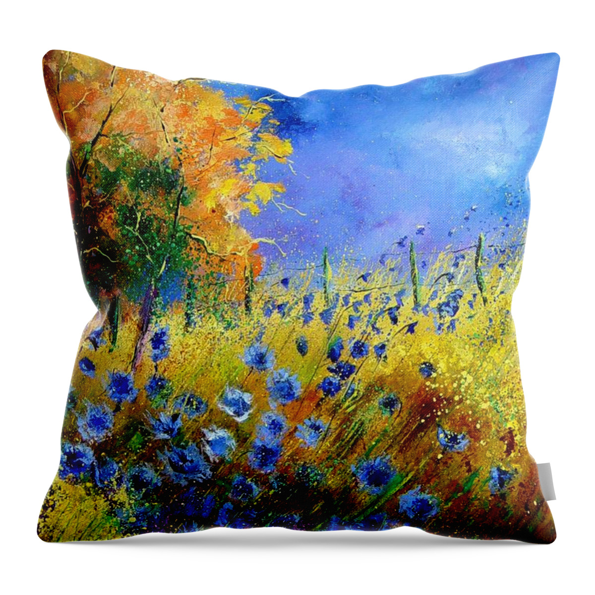 Poppies Throw Pillow featuring the painting Orange tree and blue cornflowers by Pol Ledent