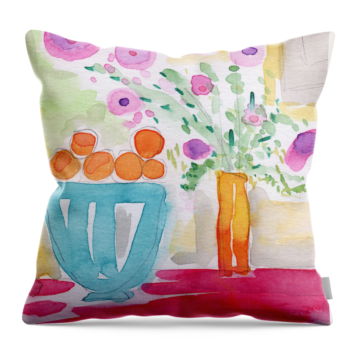 Oranges Throw Pillow featuring the painting Oranges in Blue Bowl- watercolor painting by Linda Woods