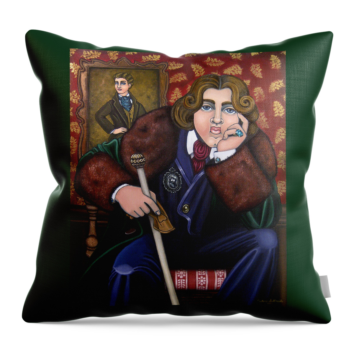 Hispanic Art Throw Pillow featuring the painting Oscar Wilde and the Picture of Dorian Gray by Victoria De Almeida