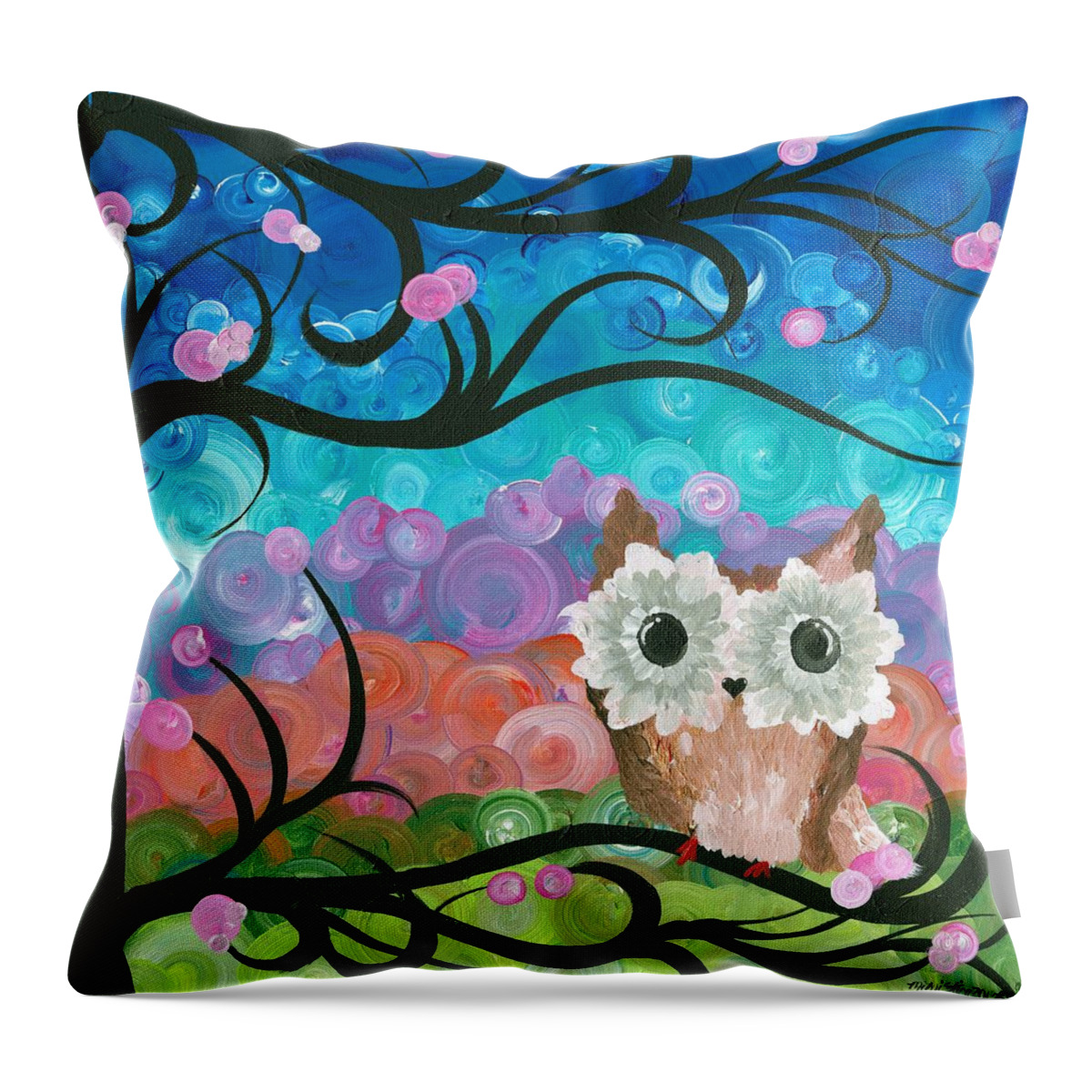 Owls Throw Pillow featuring the painting Owl Expressions - 01 by MiMi Stirn