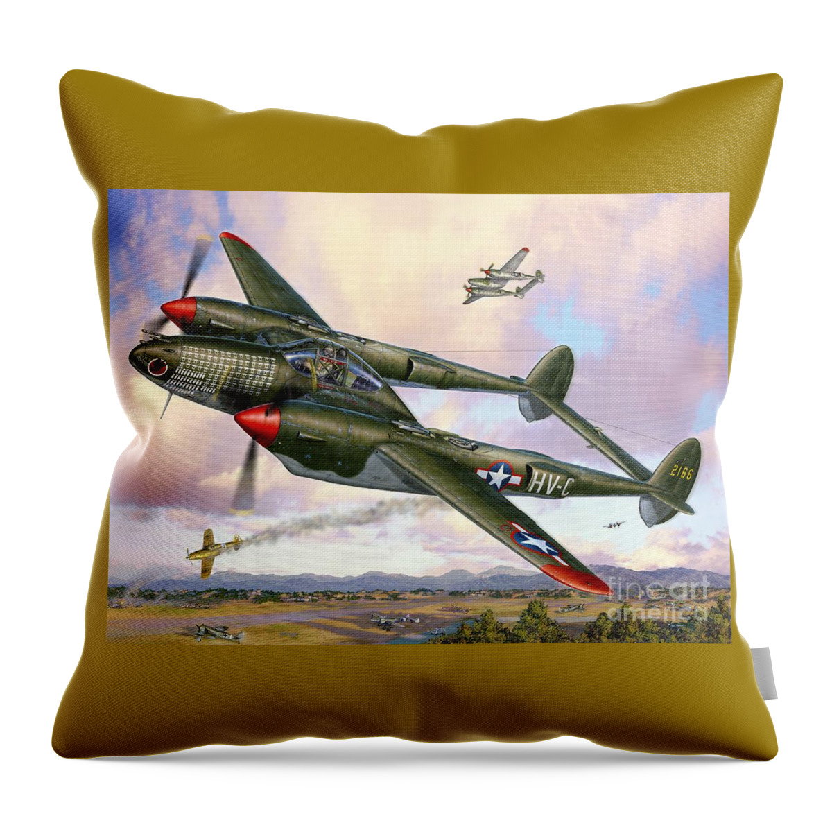 P-38 Throw Pillow featuring the digital art P-38F Lightning Sicilian Summer by Stu Shepherd