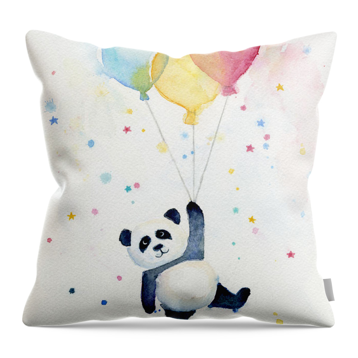 Panda Throw Pillow featuring the painting Panda Floating with Balloons by Olga Shvartsur