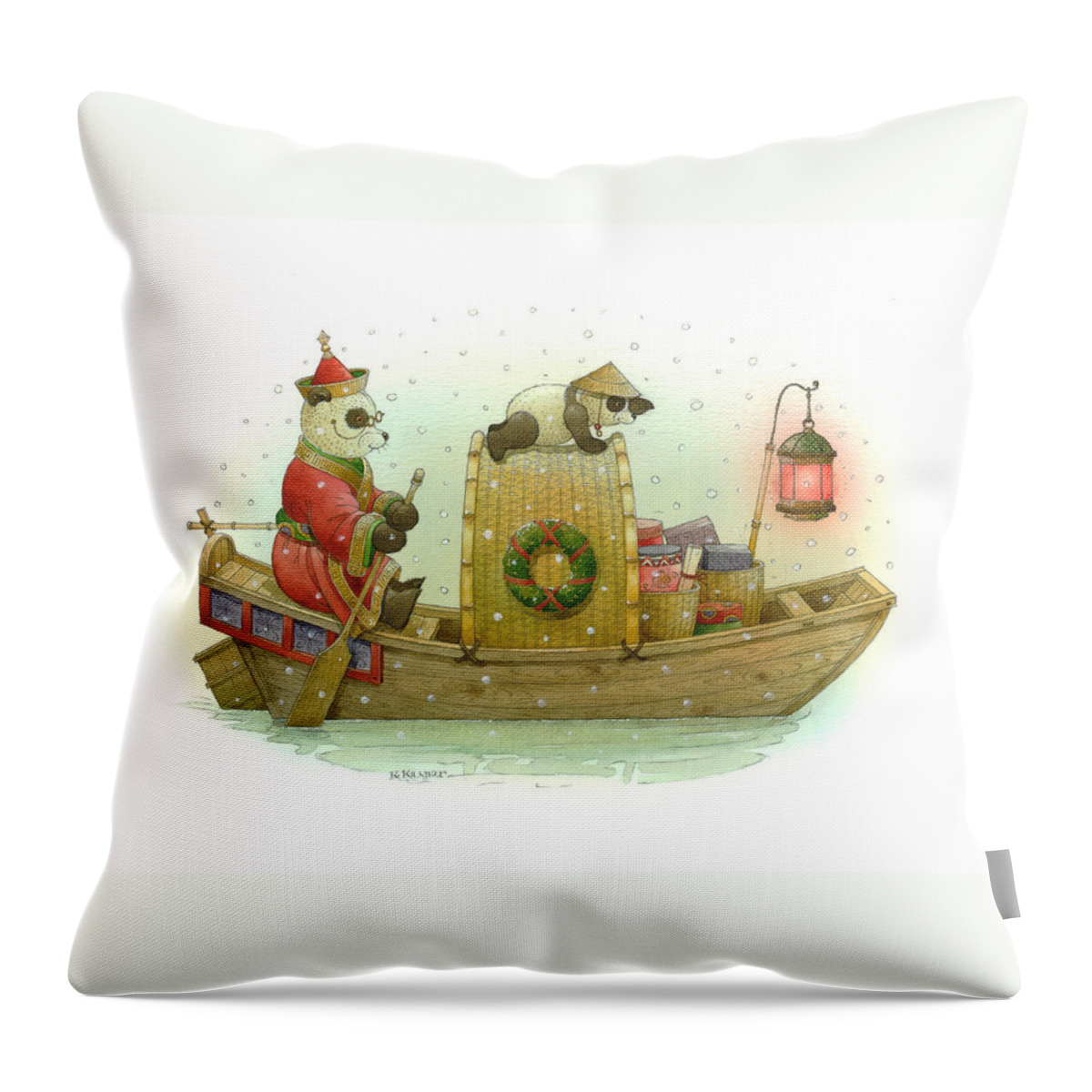 Christmas Panda Bear Snow Winter White Red Boat Water Holiday Throw Pillow featuring the painting Pandabears Christmas by Kestutis Kasparavicius