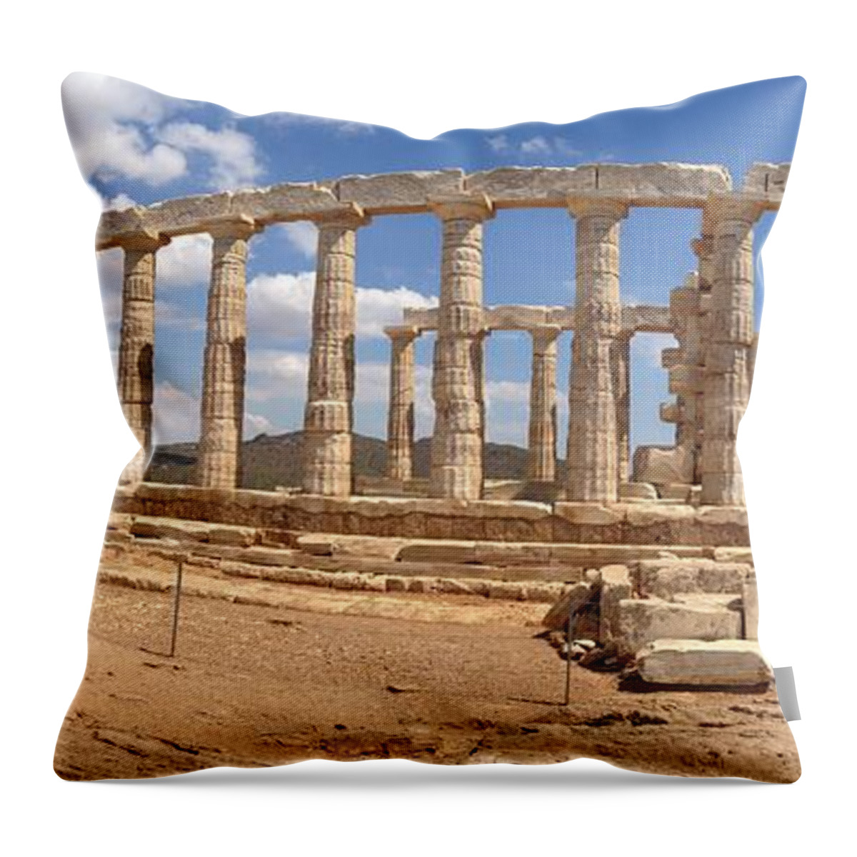 Temple Of Poseidon Throw Pillow featuring the photograph Panoramic Of The Temple Of Poseidon by Denise Railey