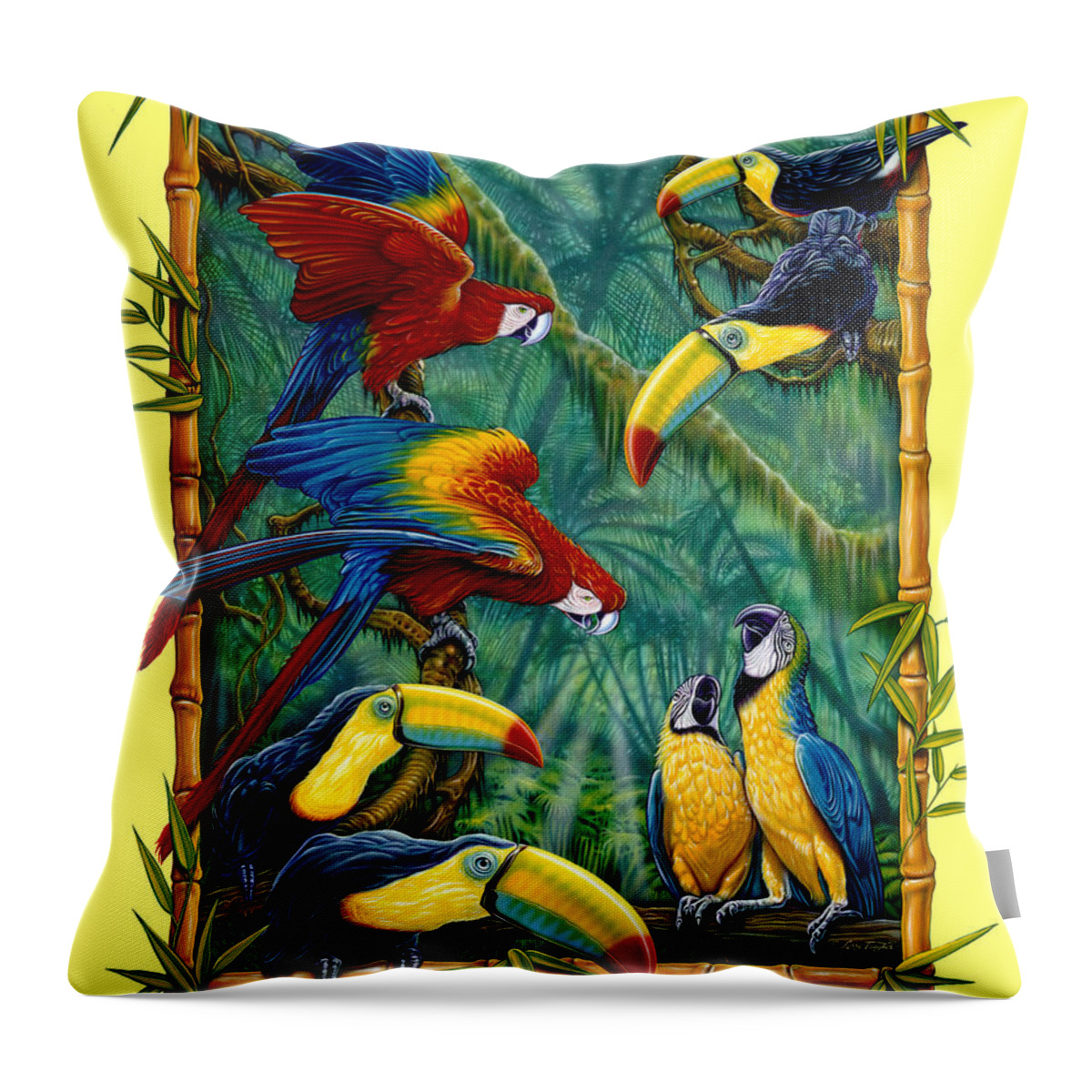 Larry Taugher Throw Pillow featuring the painting Parrots yellow by JQ Licensing