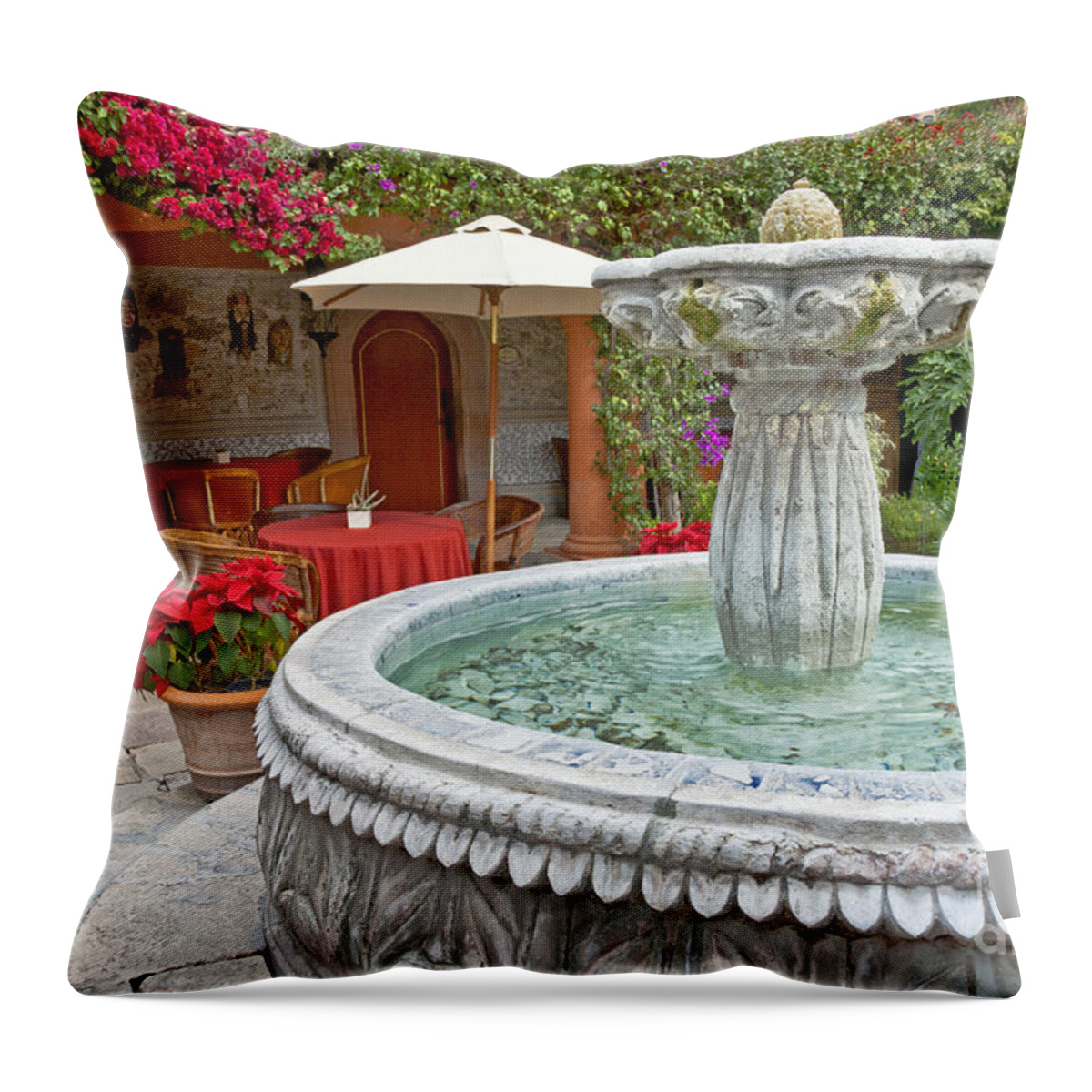 Patio Throw Pillow featuring the photograph Patio And Fountain by Richard & Ellen Thane