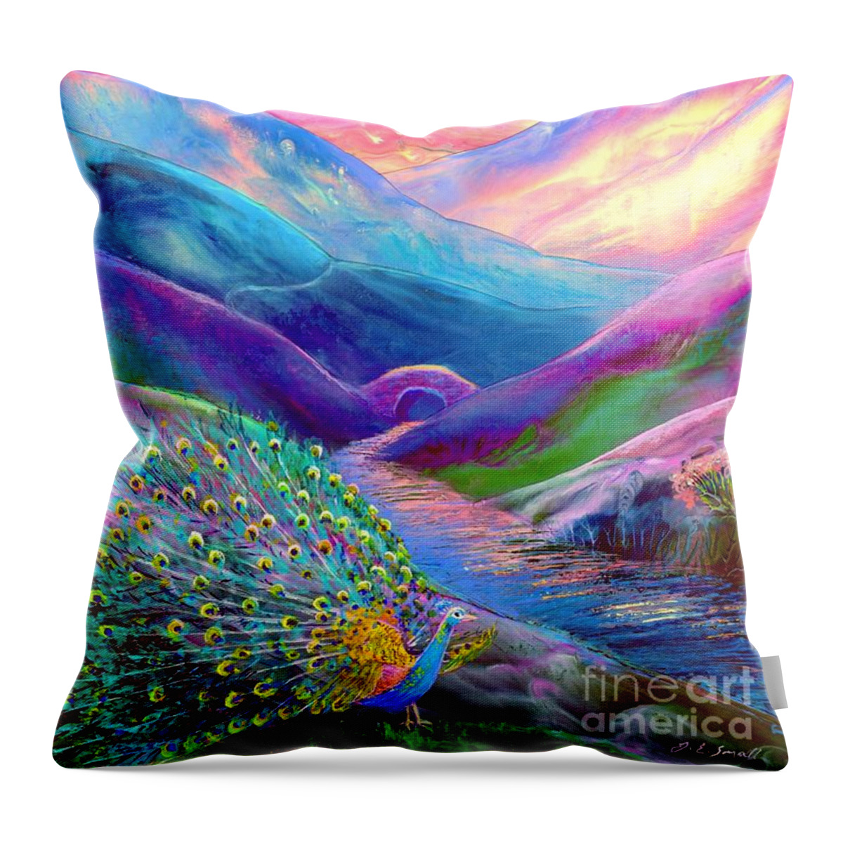 Colorful Throw Pillow featuring the painting Peacock Magic by Jane Small