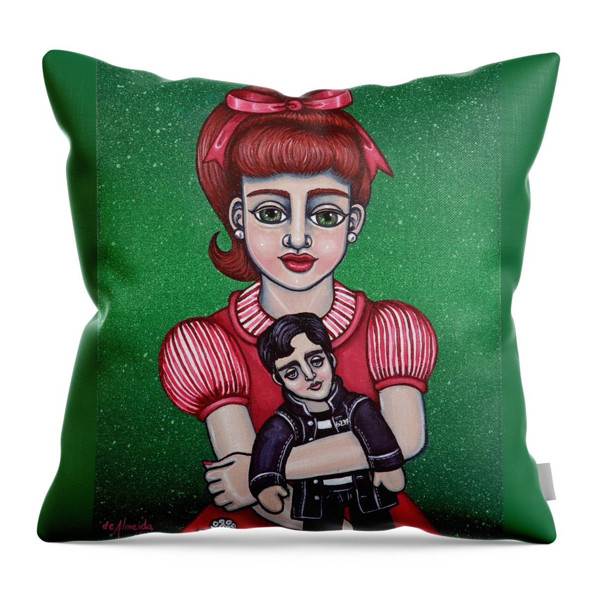 1950s Throw Pillow featuring the painting Peggy Sue Holding The King by Victoria De Almeida
