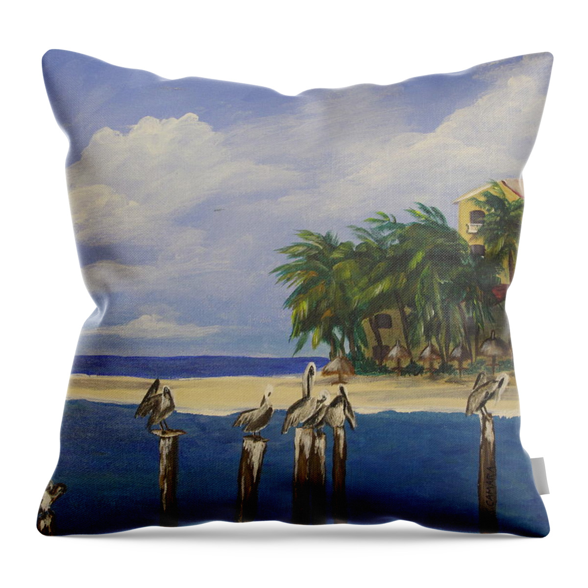 Seascape Throw Pillow featuring the painting Pelican Perch by Kathie Camara