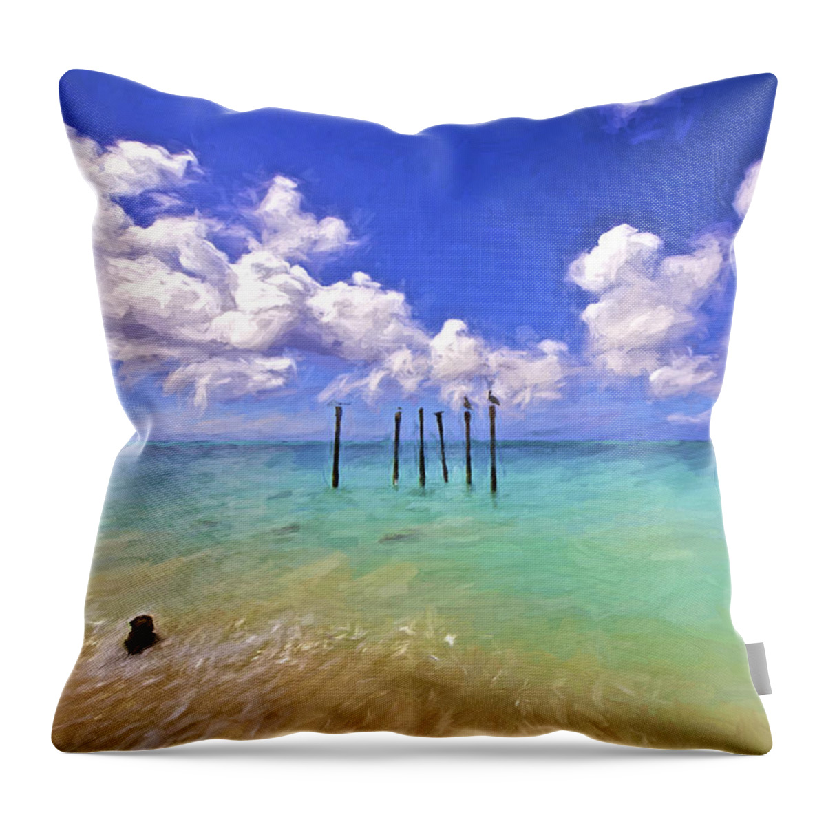 Aruba Throw Pillow featuring the painting Pelicans of Aruba by David Letts