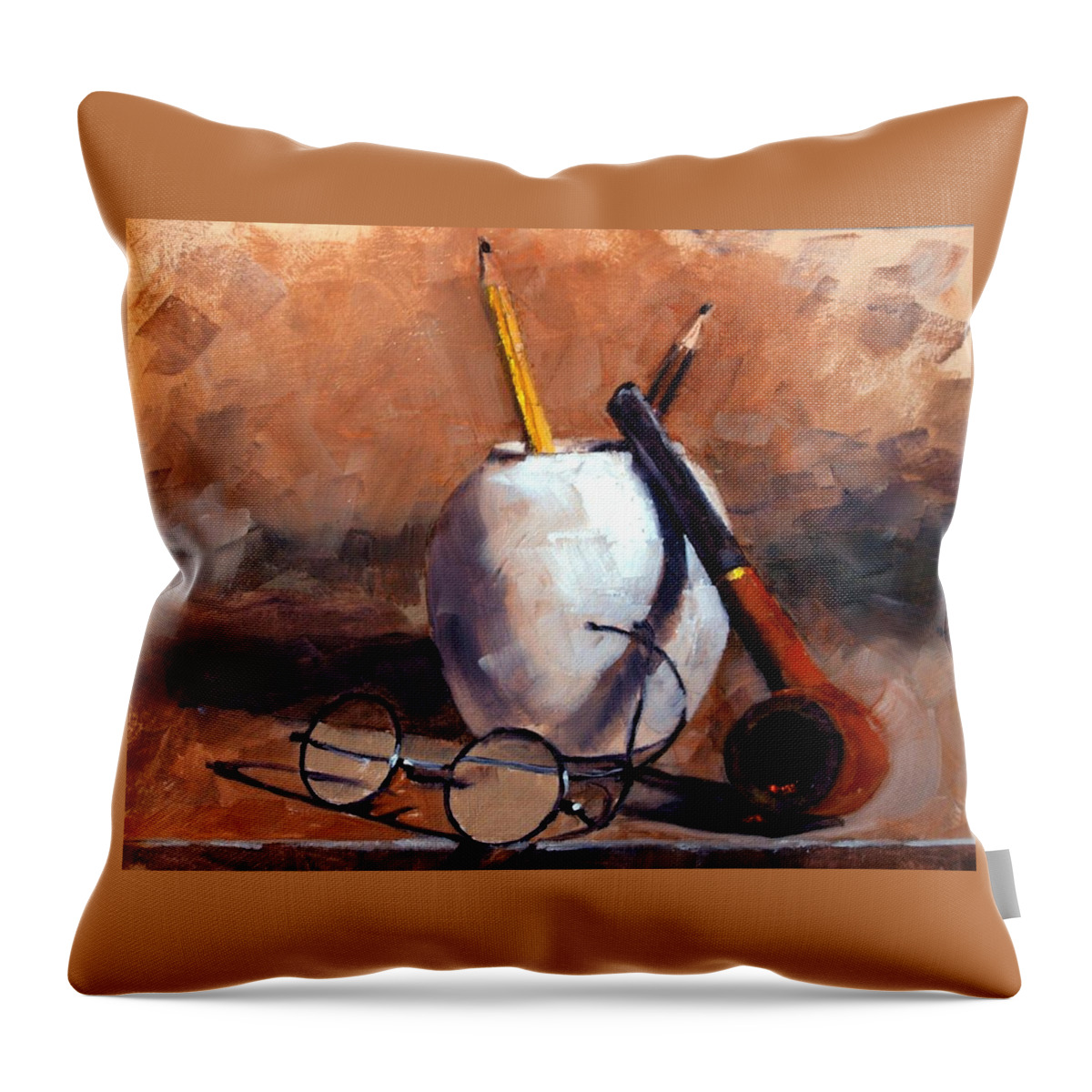 Still Life Throw Pillow featuring the painting Pencils and Pipe by Jim Gola