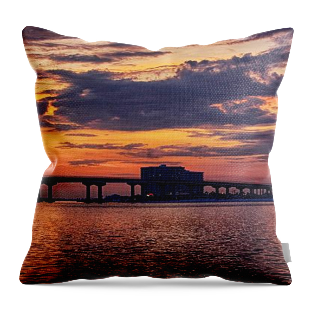 Palm Throw Pillow featuring the digital art Perdido Bridge Sunrise by Michael Thomas