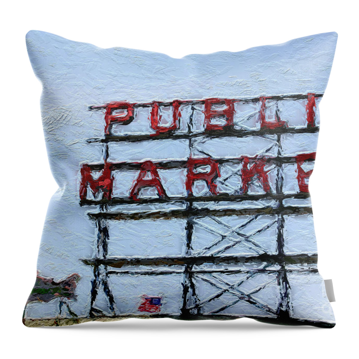 Seattle Throw Pillow featuring the painting Pike Place Market by Linda Woods