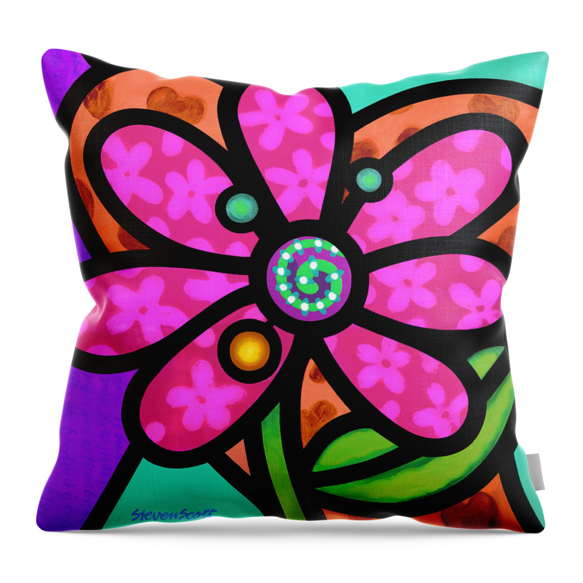 Abstract Throw Pillow featuring the painting Pink Pinwheel Daisy by Steven Scott