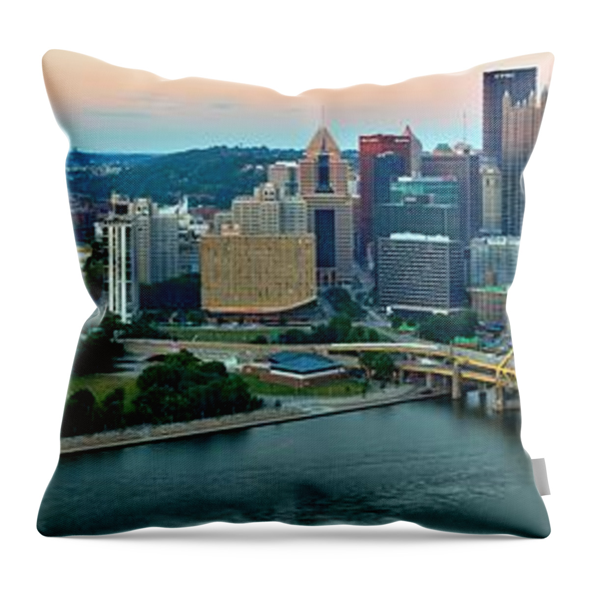 Pittsburgh Skyline Throw Pillow featuring the photograph Pittsburgh Panorama At Dusk by Adam Jewell